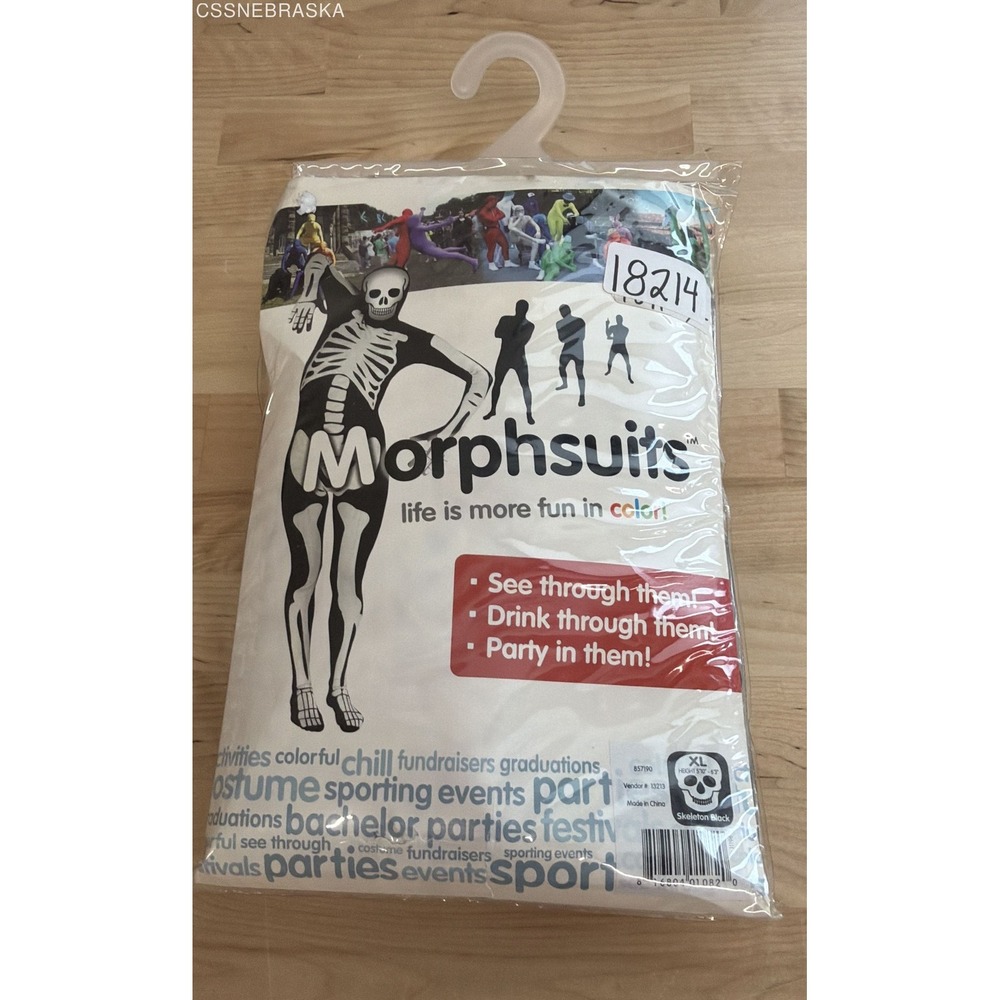 Morphsuits Adult Unisex Skeleton Black Full Body Suit Costume Sz XL NWT‎